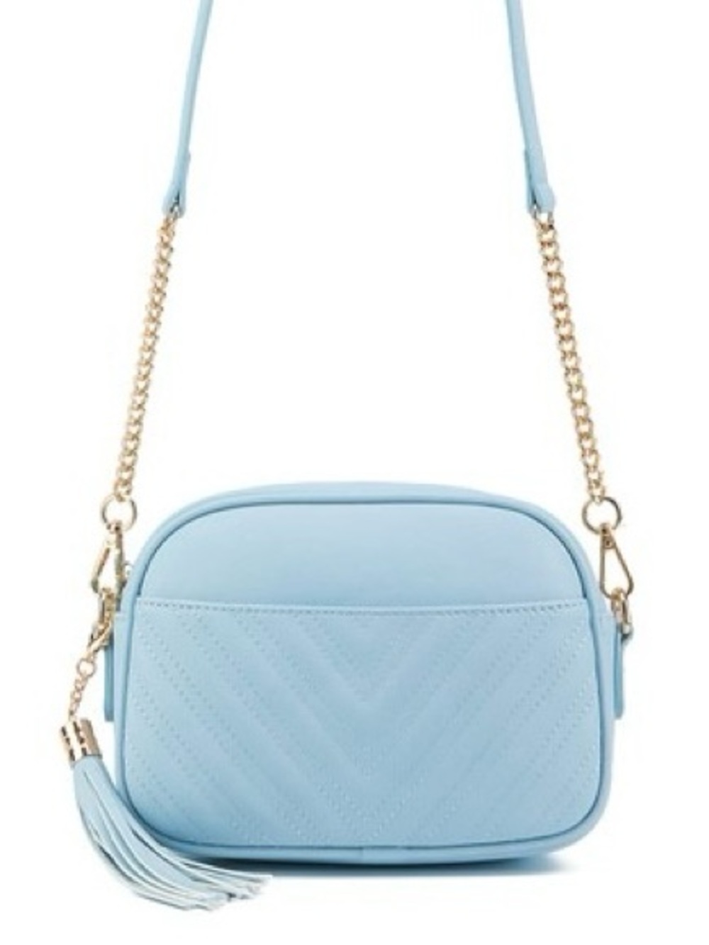 Lola Mae Quilted Chevron Crossbody Bag in Light Blue with Gold Chain
